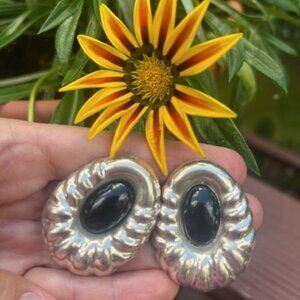 TAXCO MEXICO 925 Silver Onyx Puffy Oval Statement EARRINGS
